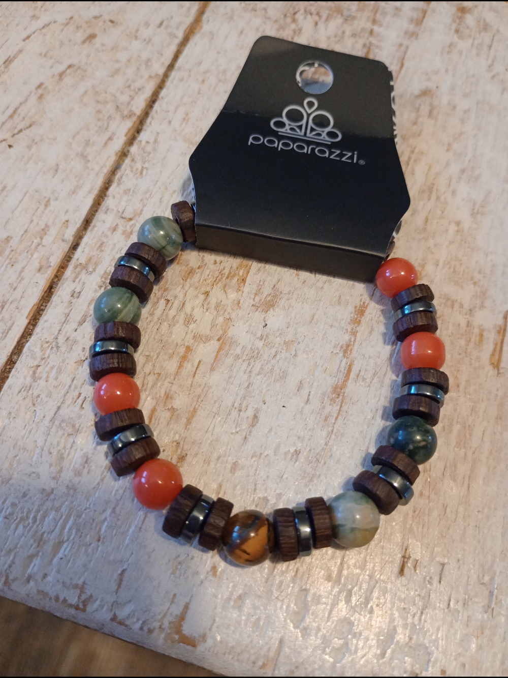 paparazzi Green, Orange & Brown Wood and Stone Stretch Bracelet